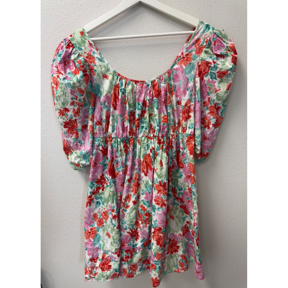 Floral‎ Puff Sleeve Cotton Mini Dress Pink Red Green L Praire Romantic Cottage - Picture 2 of 9